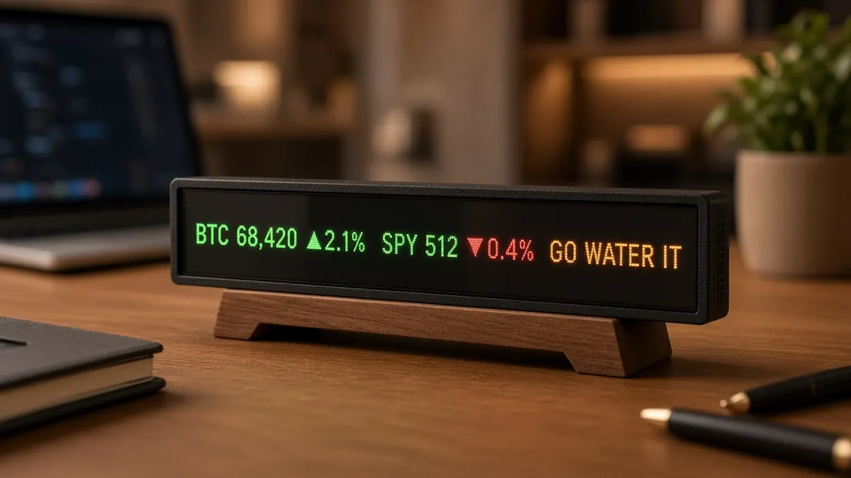 Concept render of the PIN Desk Ticker on a desk (AI image, not a photo)