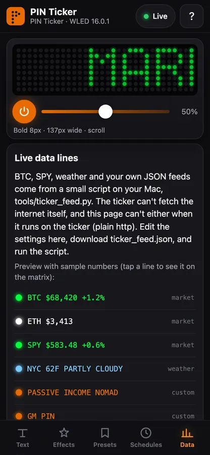 Control app screenshot: mobile data