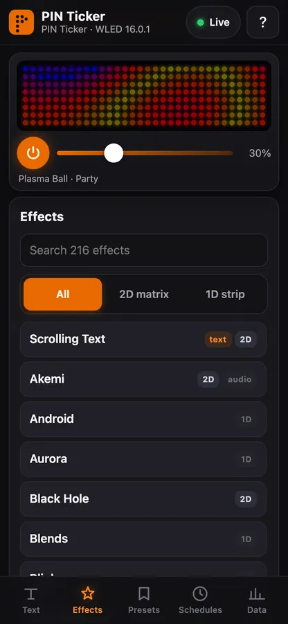 Control app screenshot: mobile effects