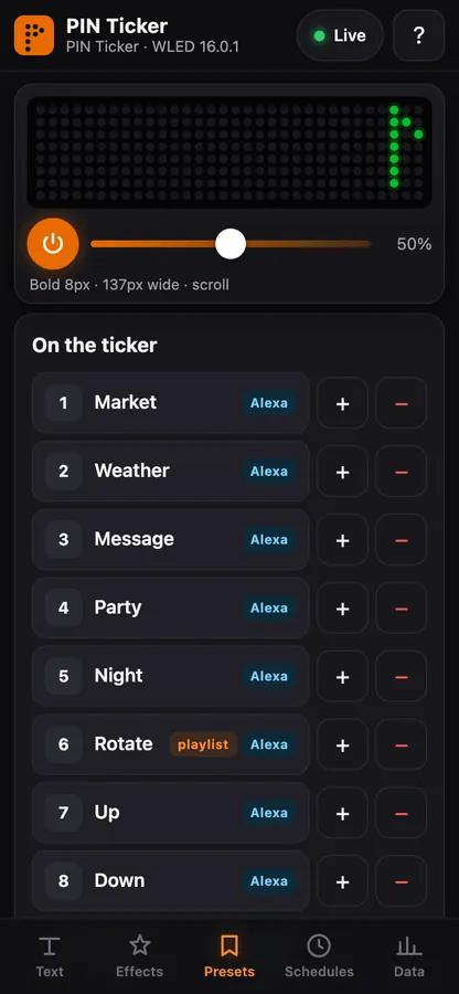Control app screenshot: mobile presets