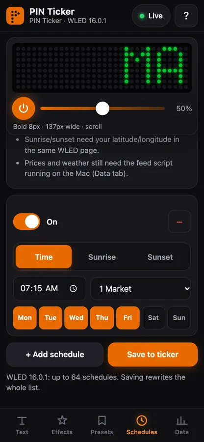 Control app screenshot: mobile schedules