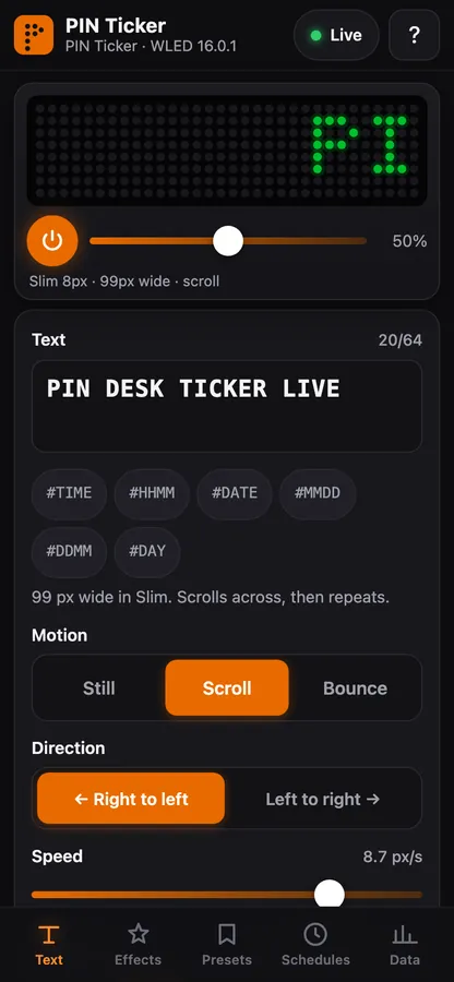 Control app screenshot: mobile text